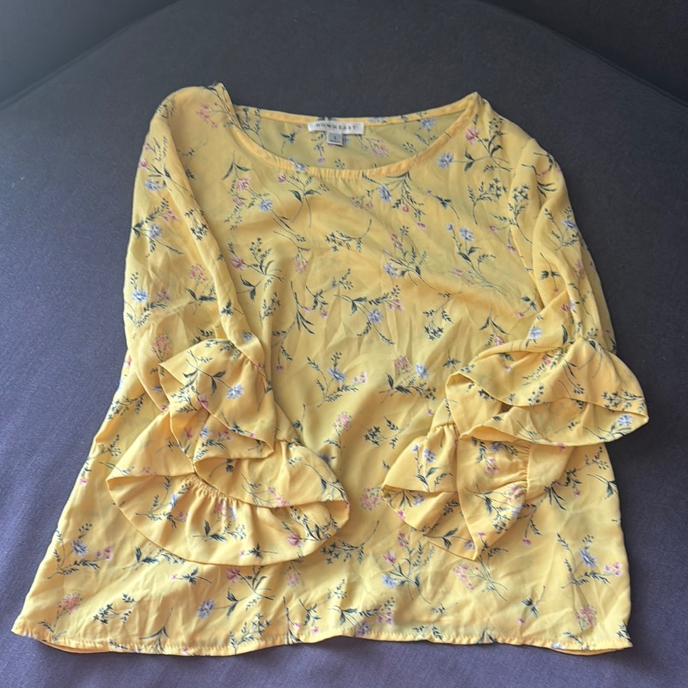 DownEast Yellow Ruffled 3/4 Sleeve Blouse